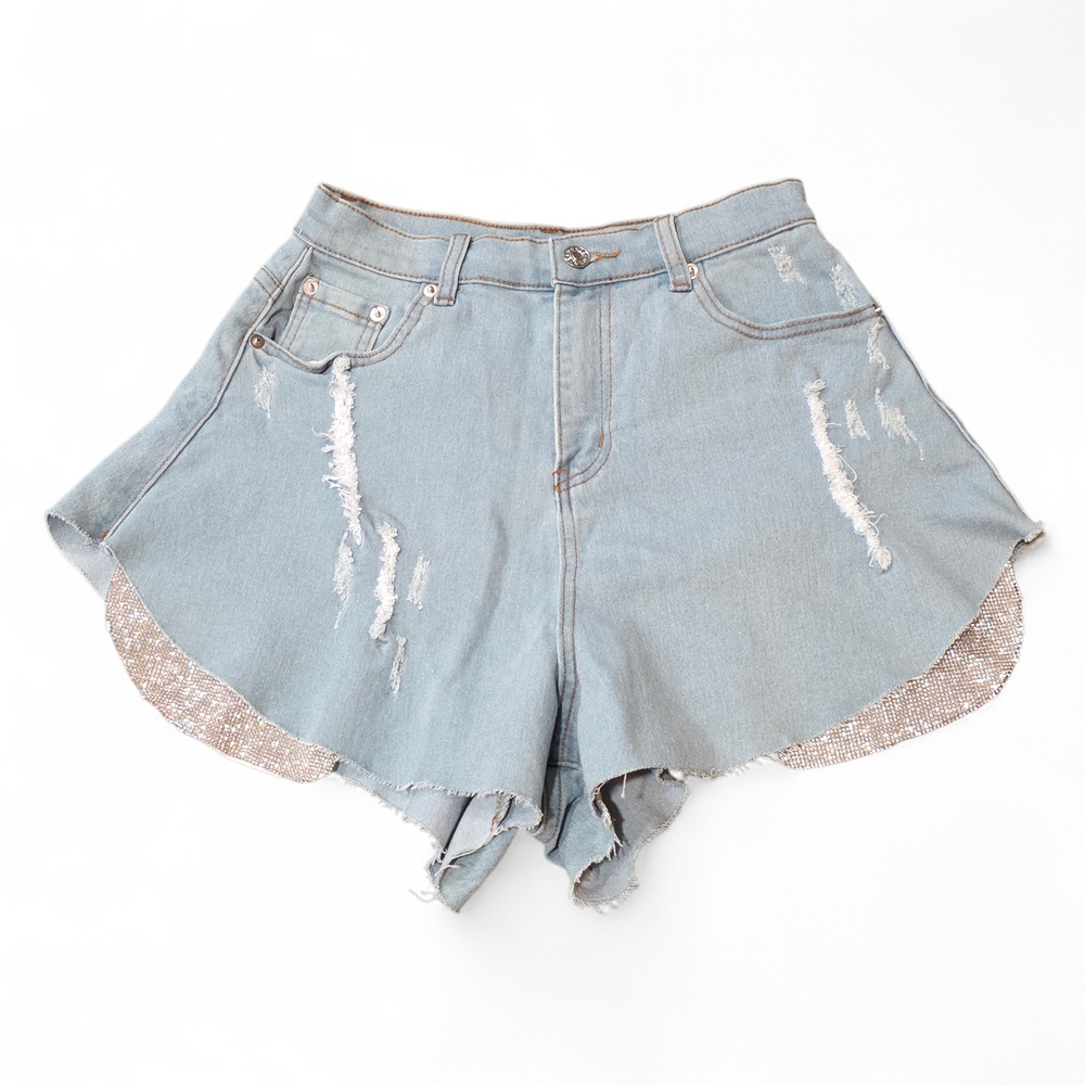 12th Tribe Get Down Denim Bling Out of Pocket Rhinestone High Waist Shorts Small